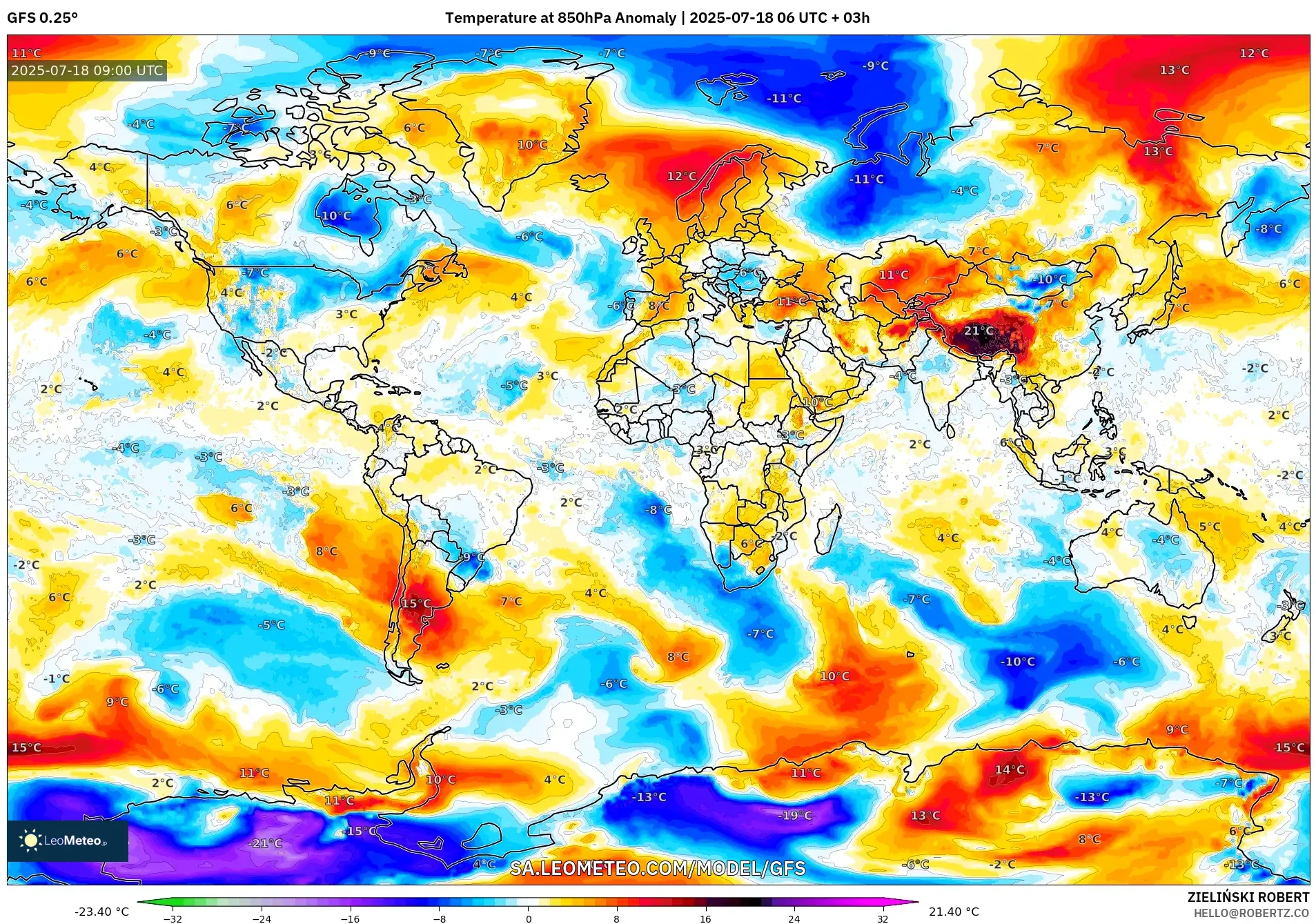 GFS model - Dunia, Anomali Suhu 850 hPa GFS model - Dunia, Anomali Suhu 850 hPa