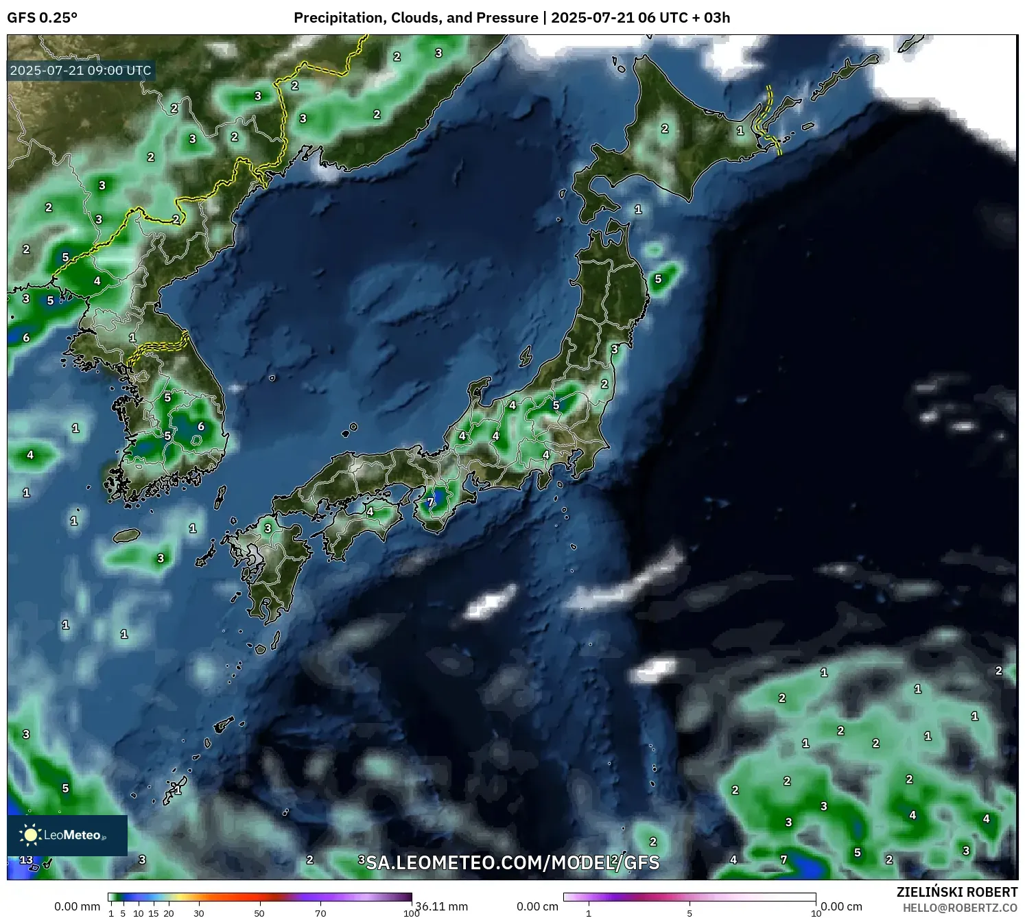 GFS model - Japan, Precipitation, Clouds, and Pressure GFS model - Japan, Precipitation, Clouds, and Pressure