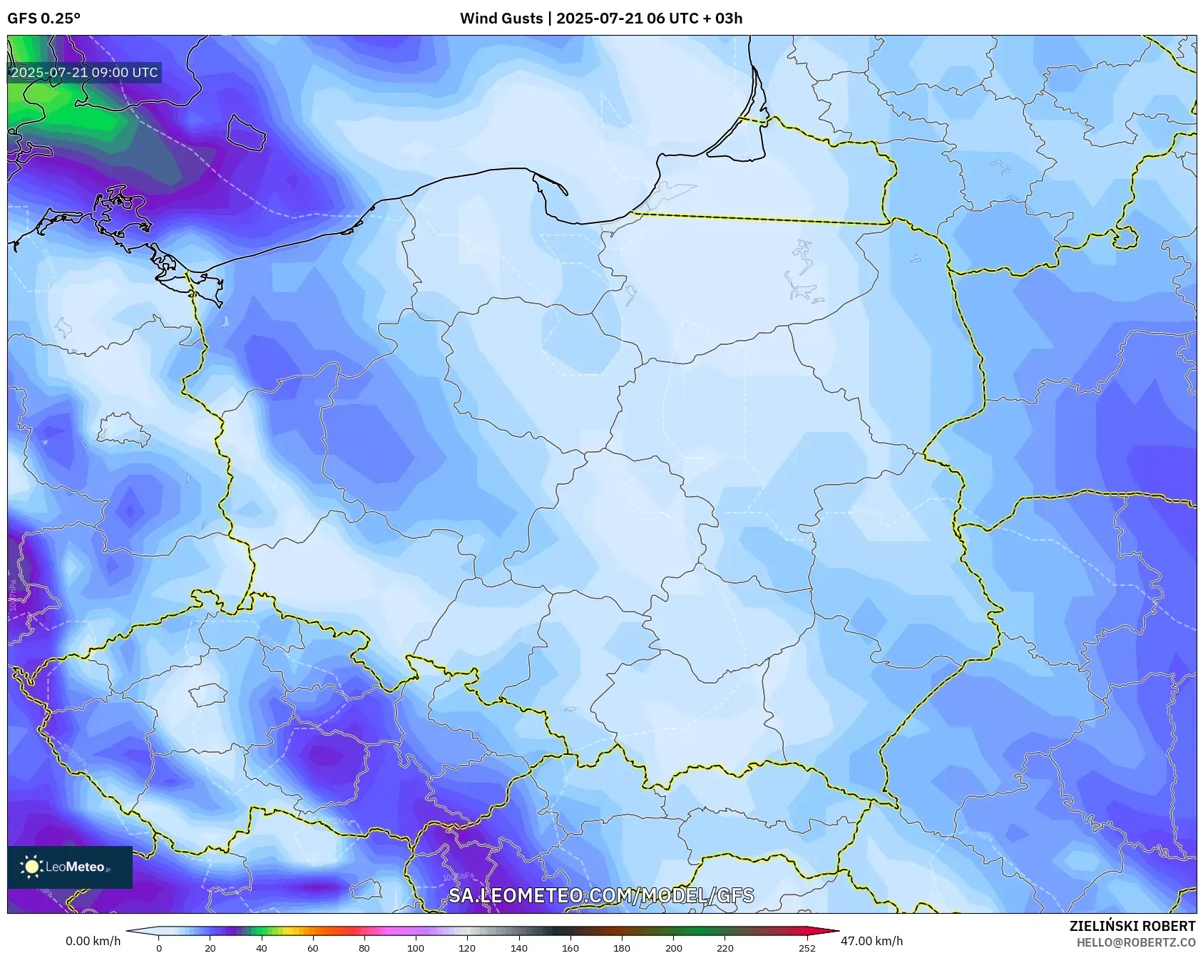 GFS model - Poland, Wind Gusts GFS model - Poland, Wind Gusts