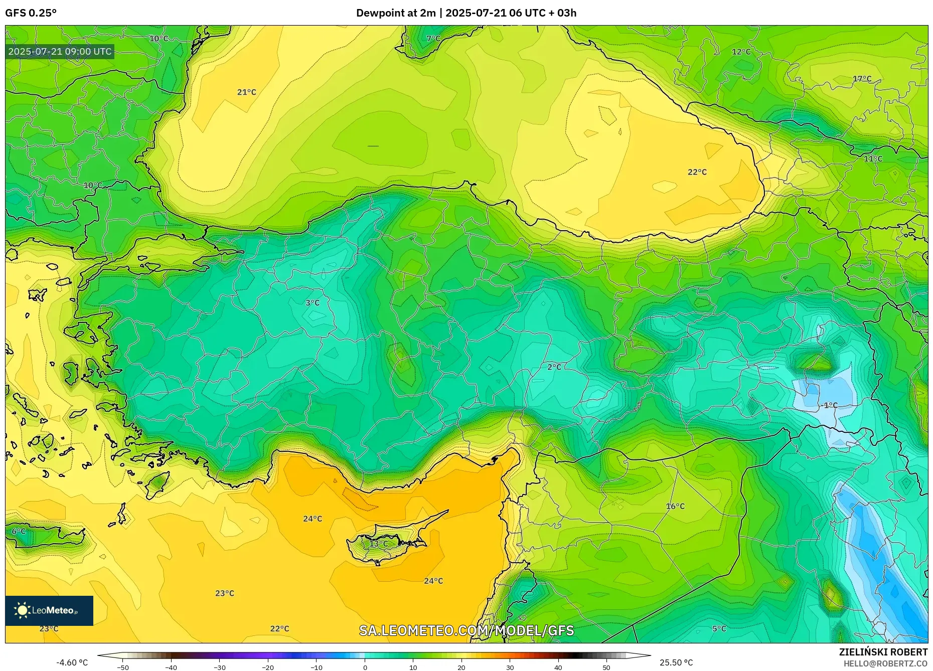 GFS model - Turkey, Dewpoint at 2m GFS model - Turkey, Dewpoint at 2m