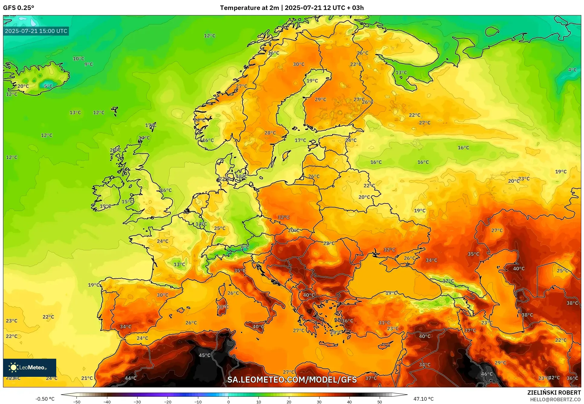 GFS model - Europe, Temperature at 2m GFS model - Europe, Temperature at 2m