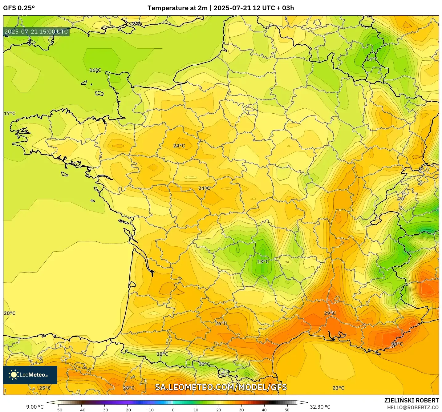 GFS model - France, Temperature at 2m