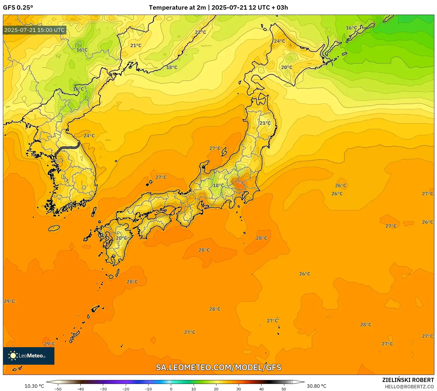 GFS model - Japan, Temperature at 2m