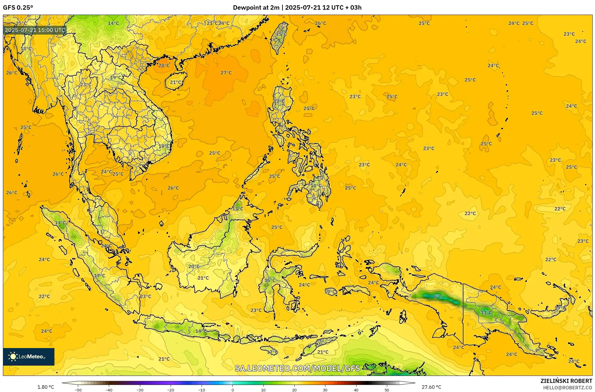 GFS model - South East Asia, Dewpoint at 2m GFS model - South East Asia, Dewpoint at 2m