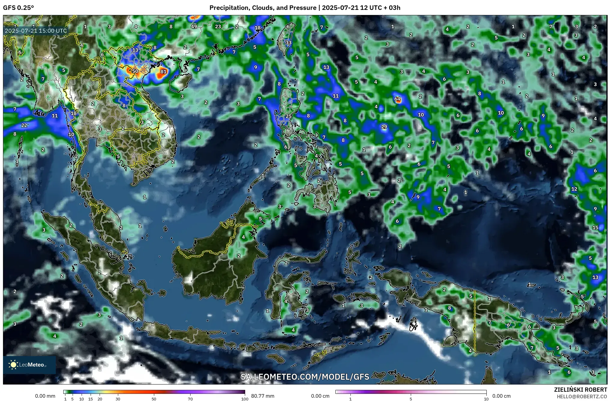 GFS model - South East Asia, Precipitation, Clouds, and Pressure GFS model - South East Asia, Precipitation, Clouds, and Pressure