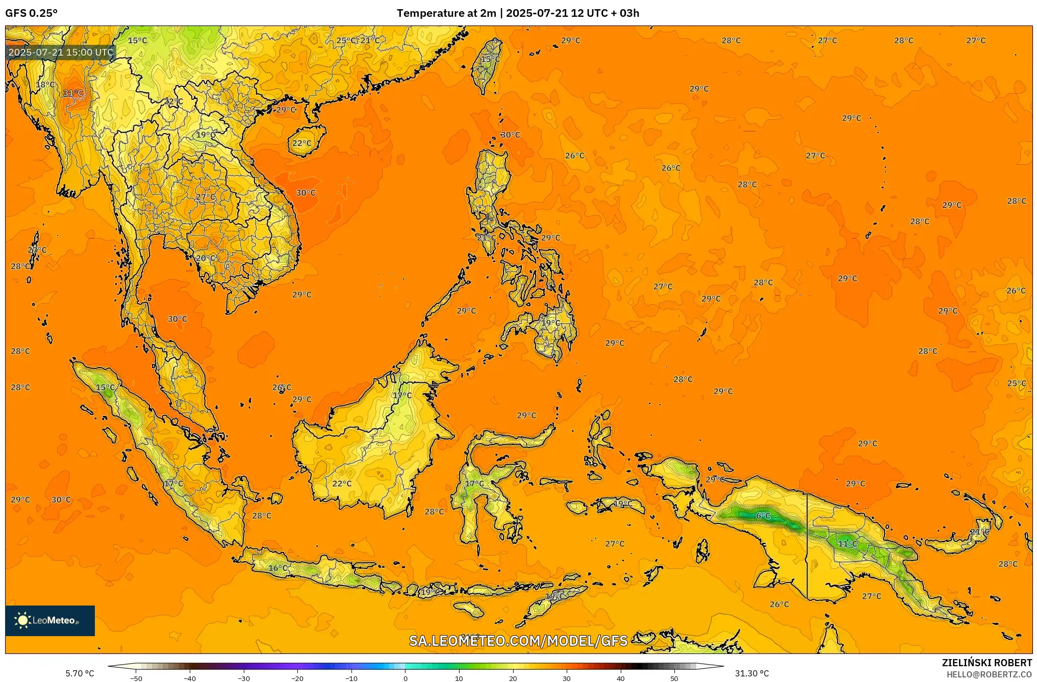 GFS model - South East Asia, Temperature at 2m GFS model - South East Asia, Temperature at 2m