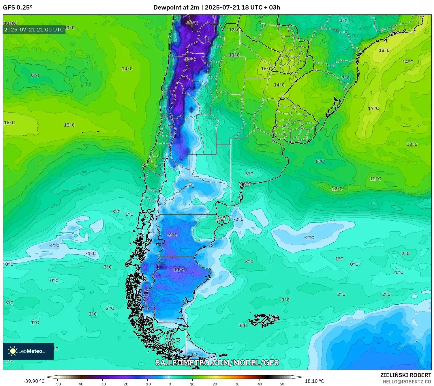 GFS model - Argentina, Dewpoint at 2m GFS model - Argentina, Dewpoint at 2m