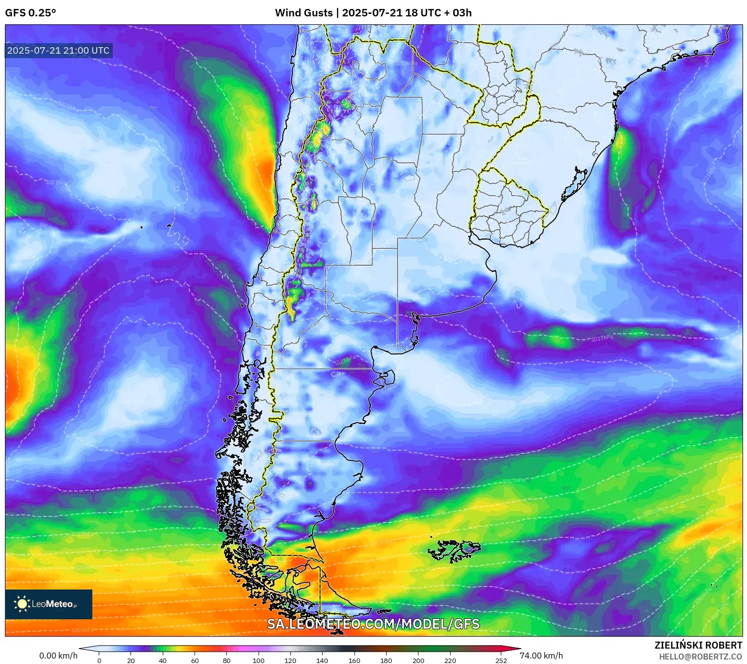 GFS model - Argentina, Wind Gusts GFS model - Argentina, Wind Gusts