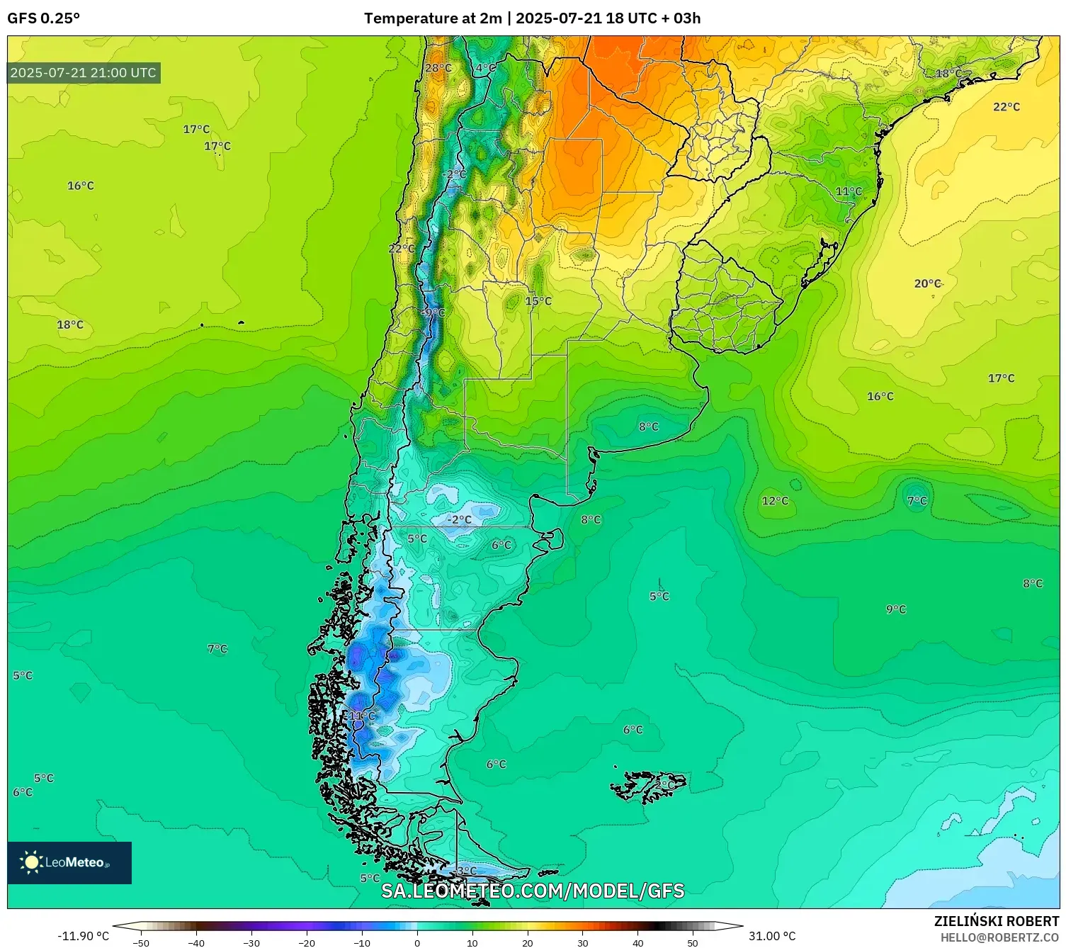 GFS model - Argentina, Temperature at 2m GFS model - Argentina, Temperature at 2m