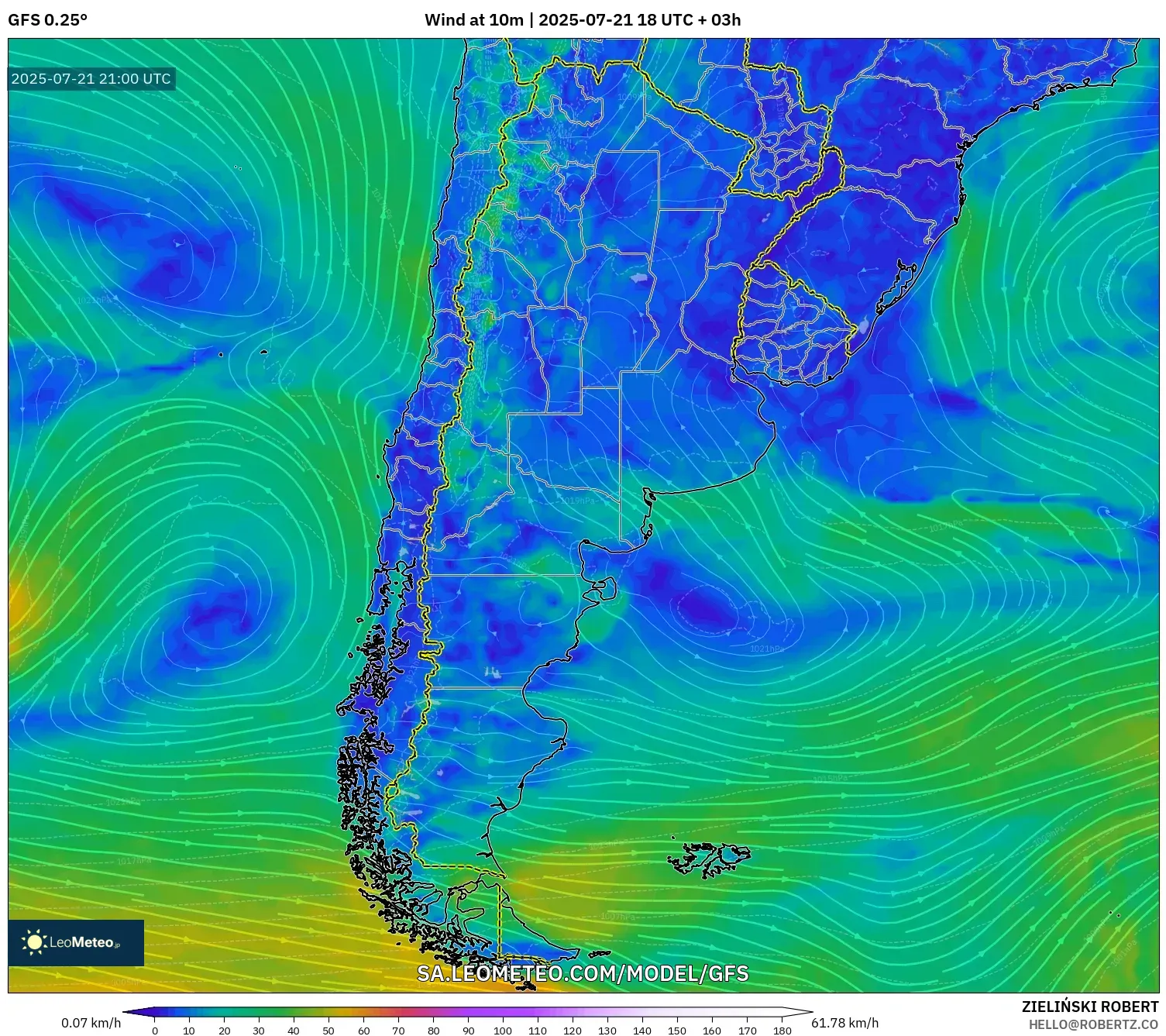 GFS model - Argentina, Wind at 10m GFS model - Argentina, Wind at 10m