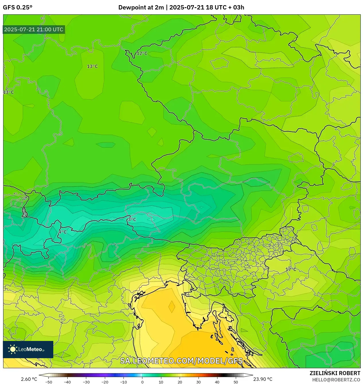 GFS model - Austria, Dewpoint at 2m GFS model - Austria, Dewpoint at 2m