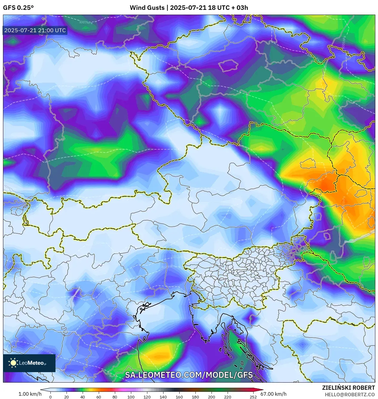GFS model - Austria, Wind Gusts GFS model - Austria, Wind Gusts