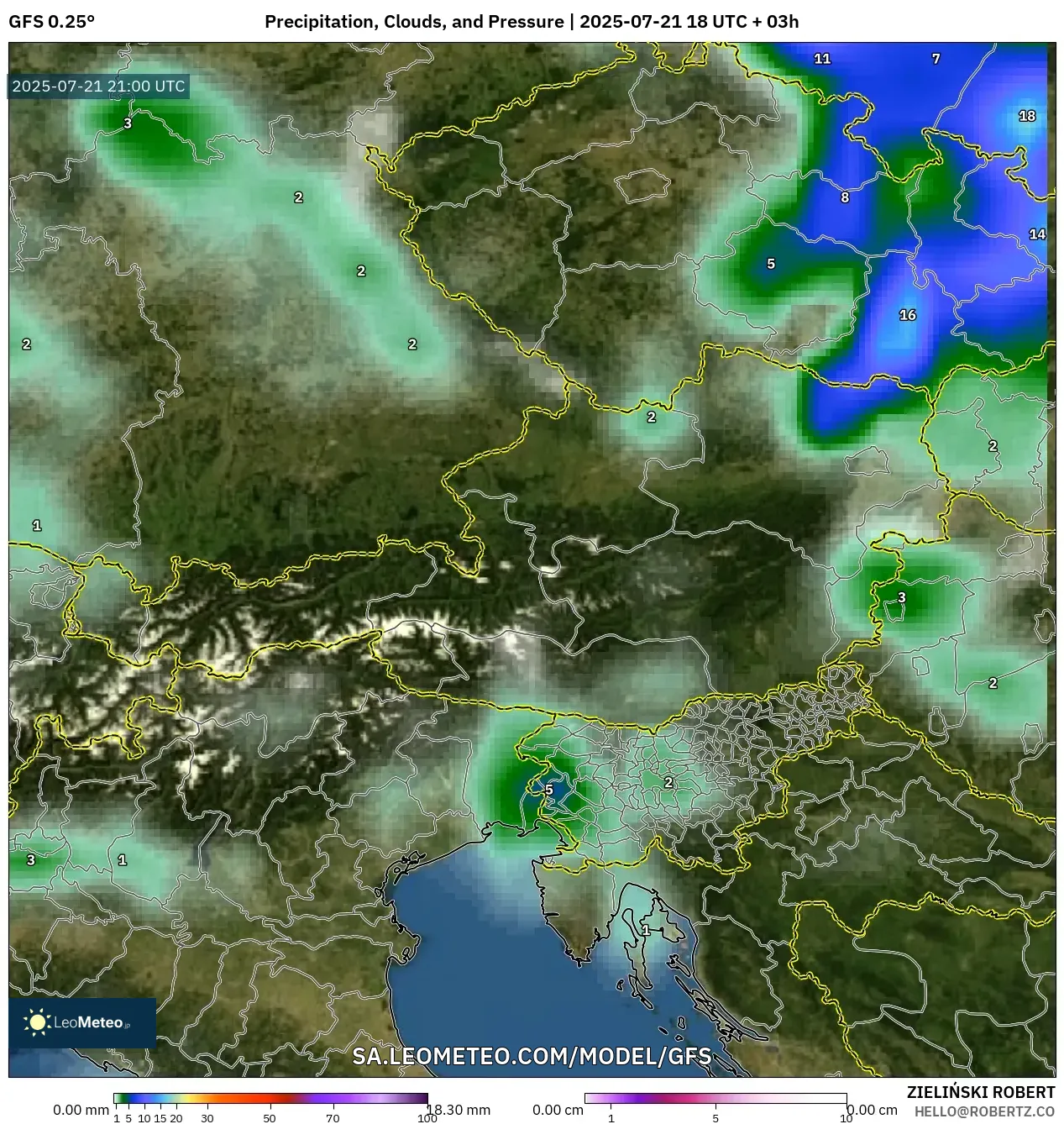 GFS model - Austria, Precipitation, Clouds, and Pressure GFS model - Austria, Precipitation, Clouds, and Pressure