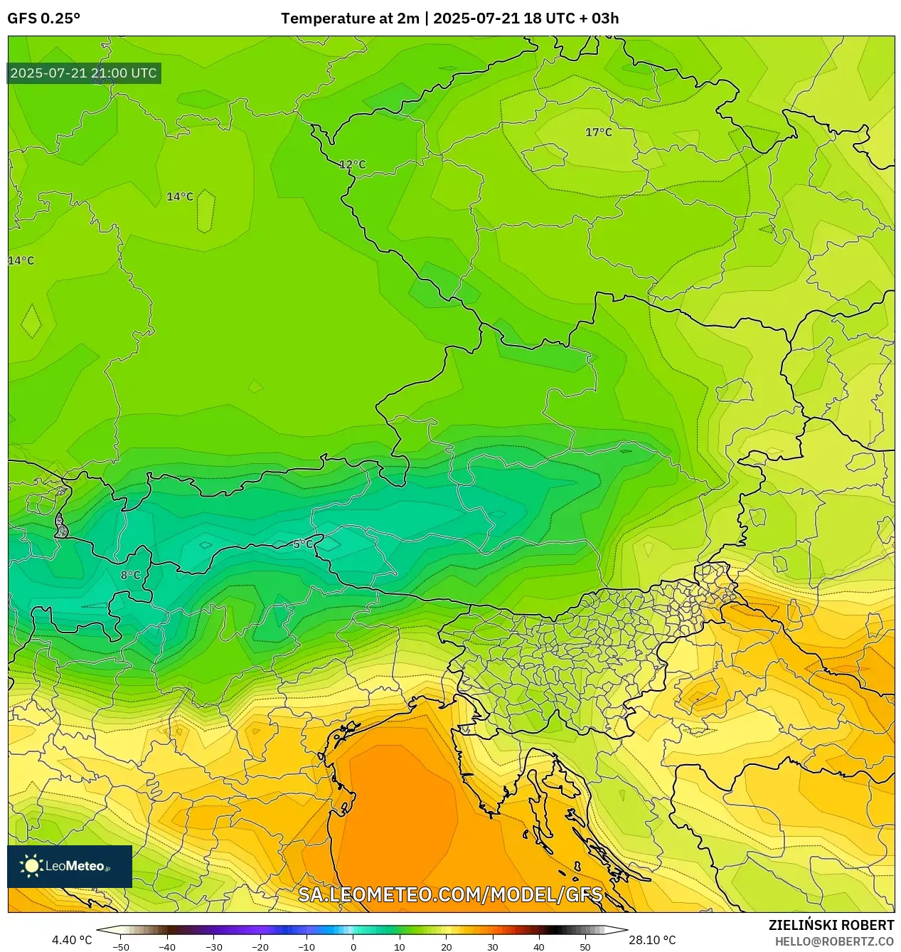GFS model - Austria, Temperature at 2m