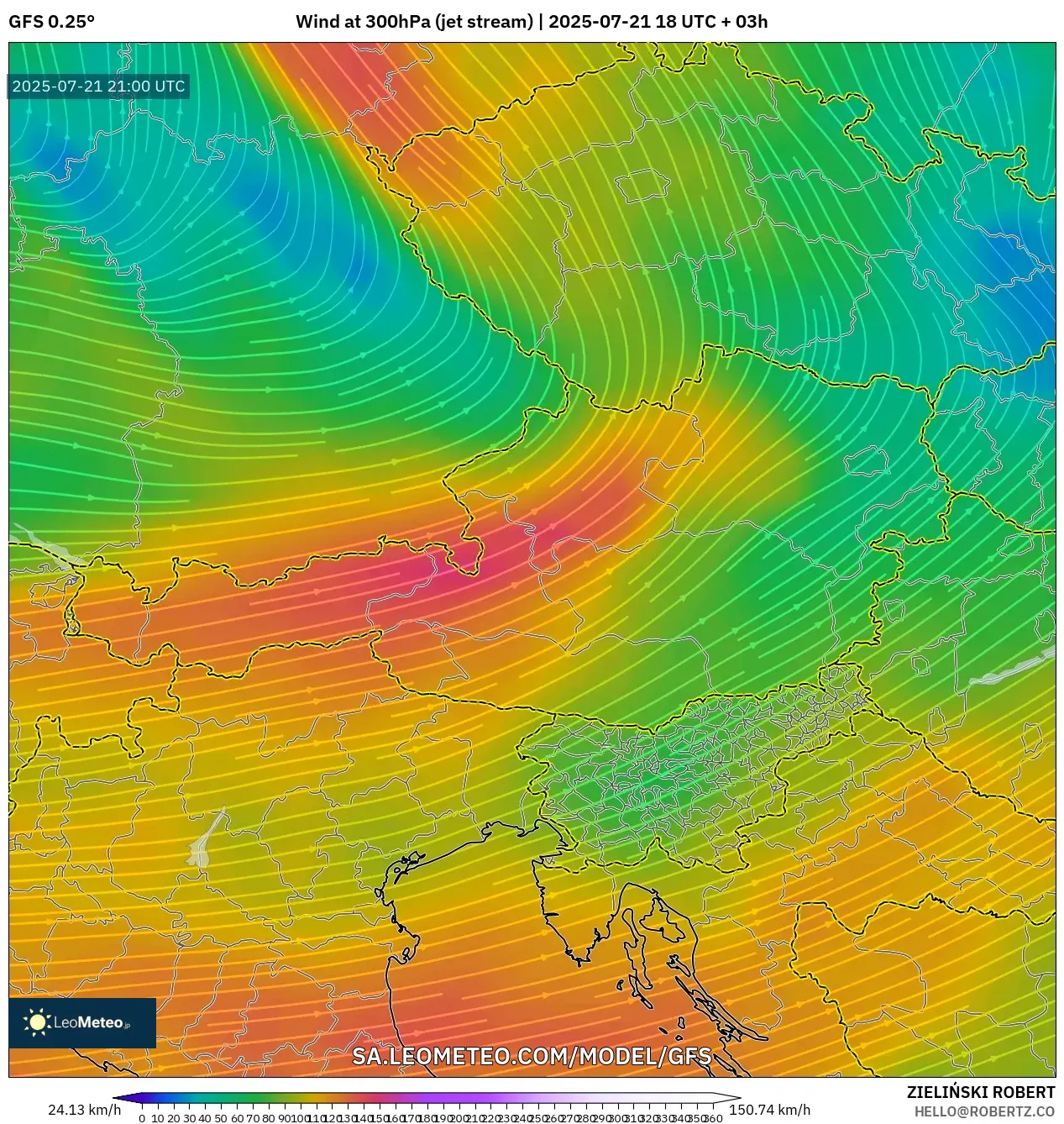 GFS model - Austria, Wind at 300hPa (jet stream)