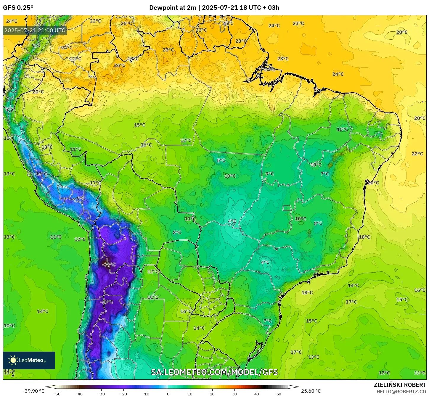 GFS model - Brazil, Dewpoint at 2m GFS model - Brazil, Dewpoint at 2m