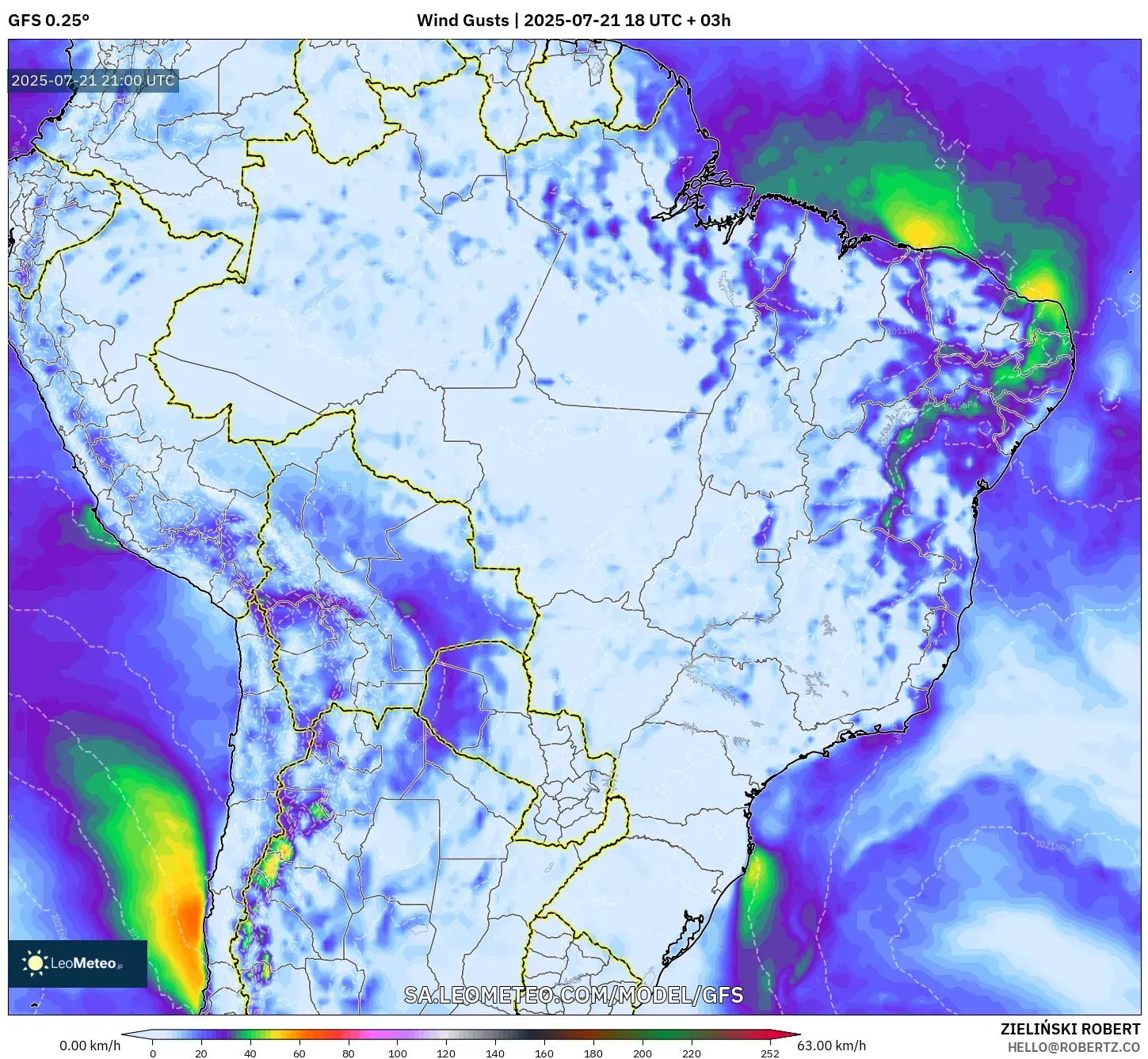 GFS model - Brazil, Wind Gusts GFS model - Brazil, Wind Gusts