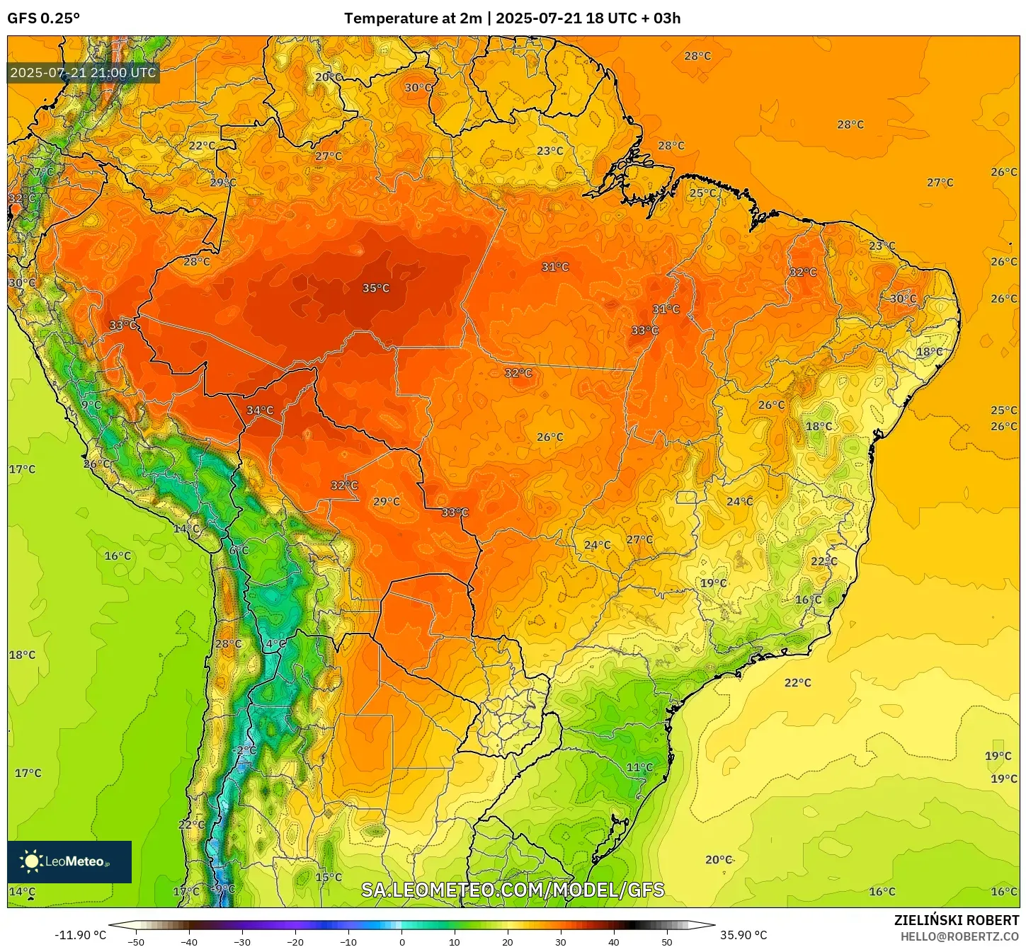 GFS model - Brazil, Temperature at 2m GFS model - Brazil, Temperature at 2m