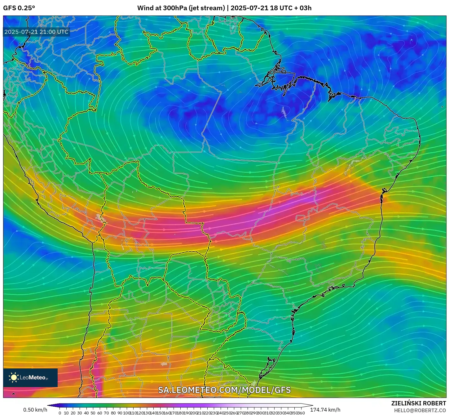 GFS model - Brazil, Wind at 300hPa (jet stream)