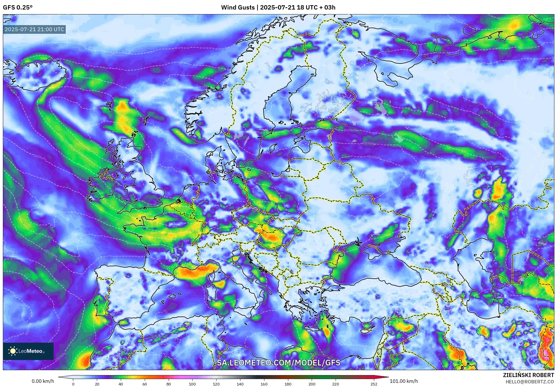 GFS model - Europe, Wind Gusts GFS model - Europe, Wind Gusts