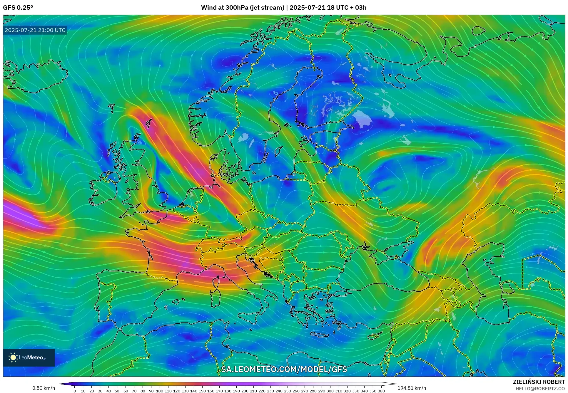 GFS model - Europe, Wind at 300hPa (jet stream) GFS model - Europe, Wind at 300hPa (jet stream)