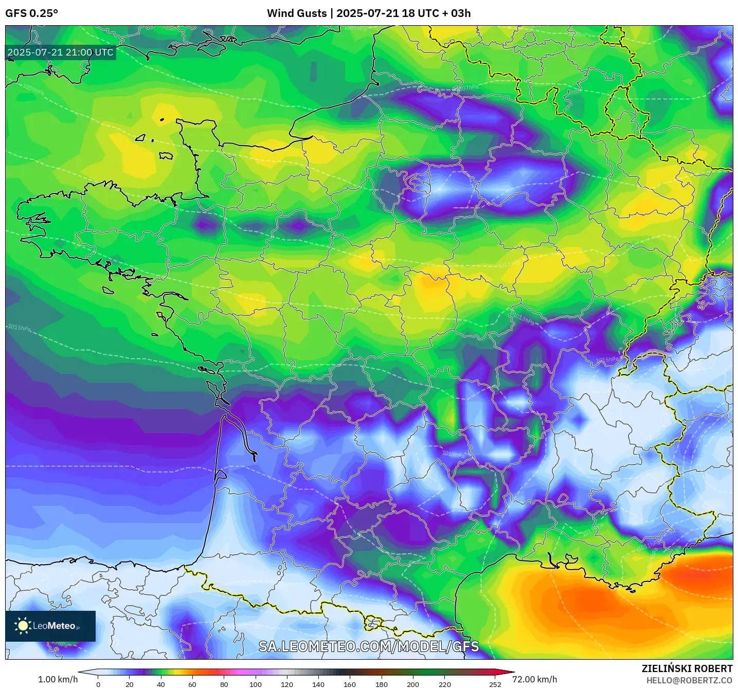 GFS model - France, Wind Gusts
