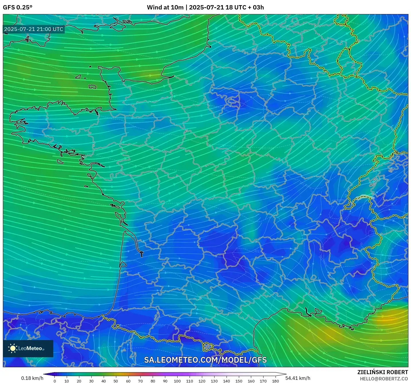 GFS model - France, Wind at 10m GFS model - France, Wind at 10m