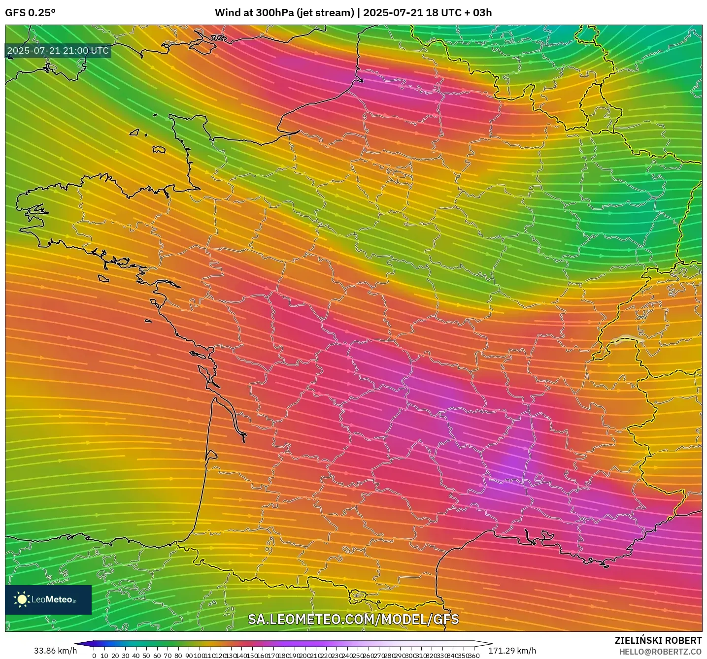 GFS model - France, Wind at 300hPa (jet stream) GFS model - France, Wind at 300hPa (jet stream)