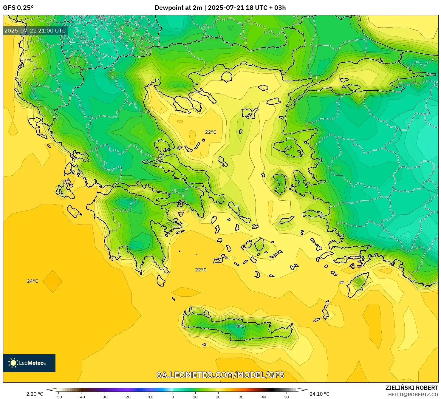 GFS model - Greece, Dewpoint at 2m GFS model - Greece, Dewpoint at 2m