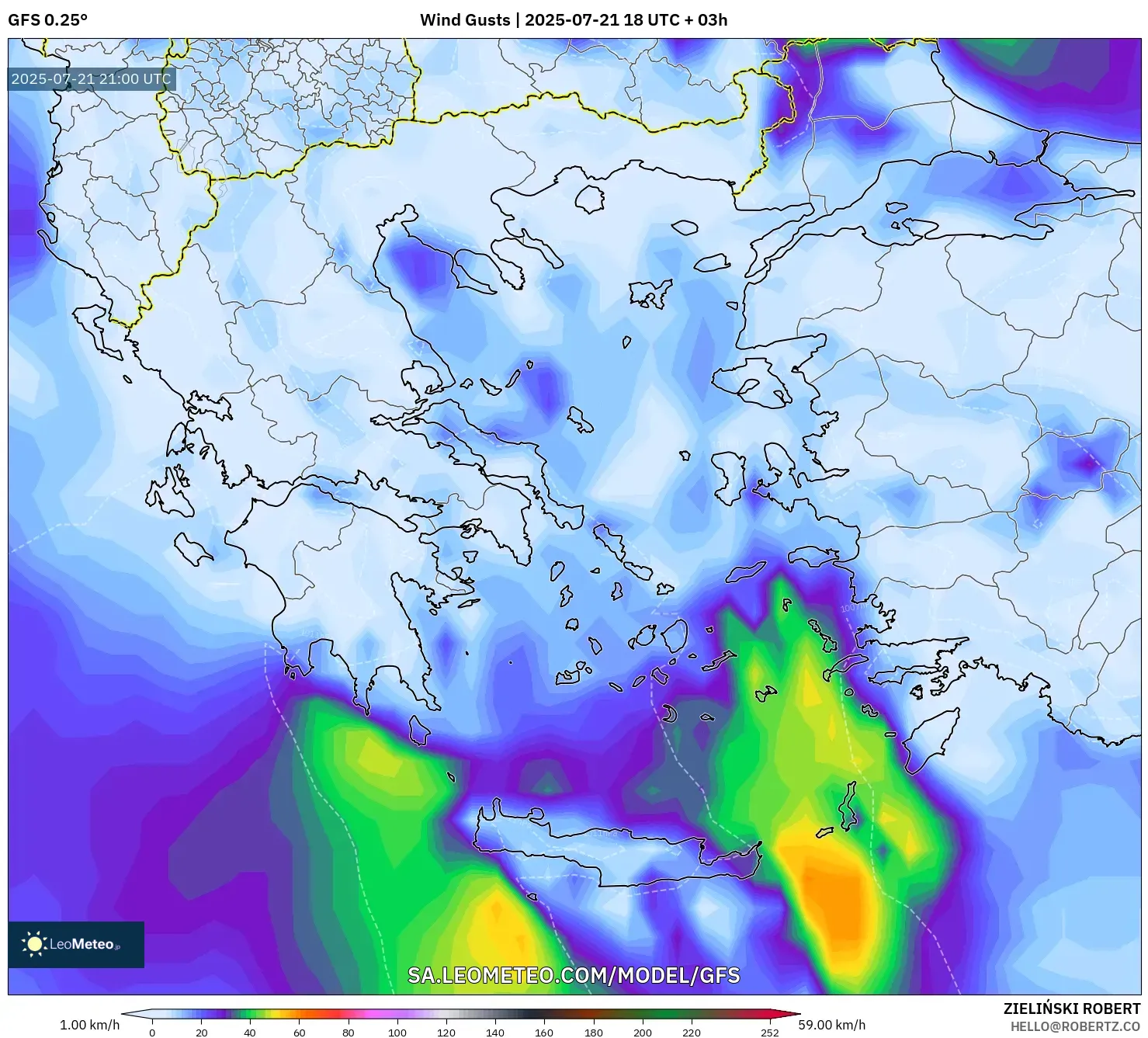 GFS model - Greece, Wind Gusts GFS model - Greece, Wind Gusts