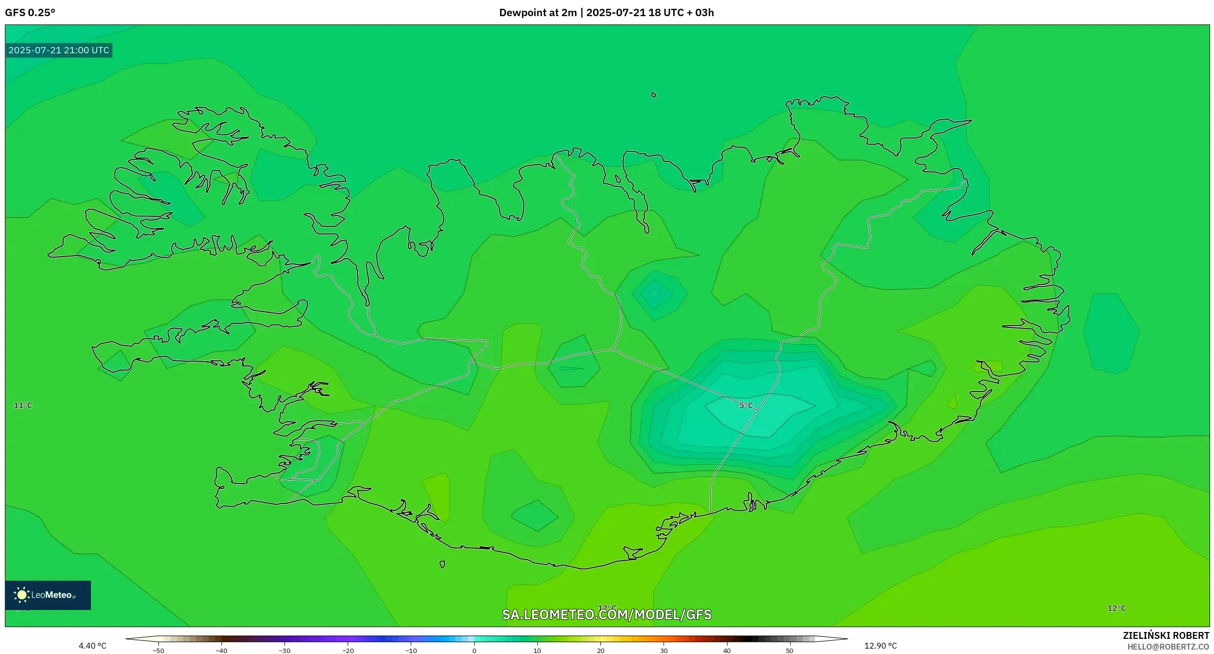 GFS model - Iceland, Dewpoint at 2m GFS model - Iceland, Dewpoint at 2m