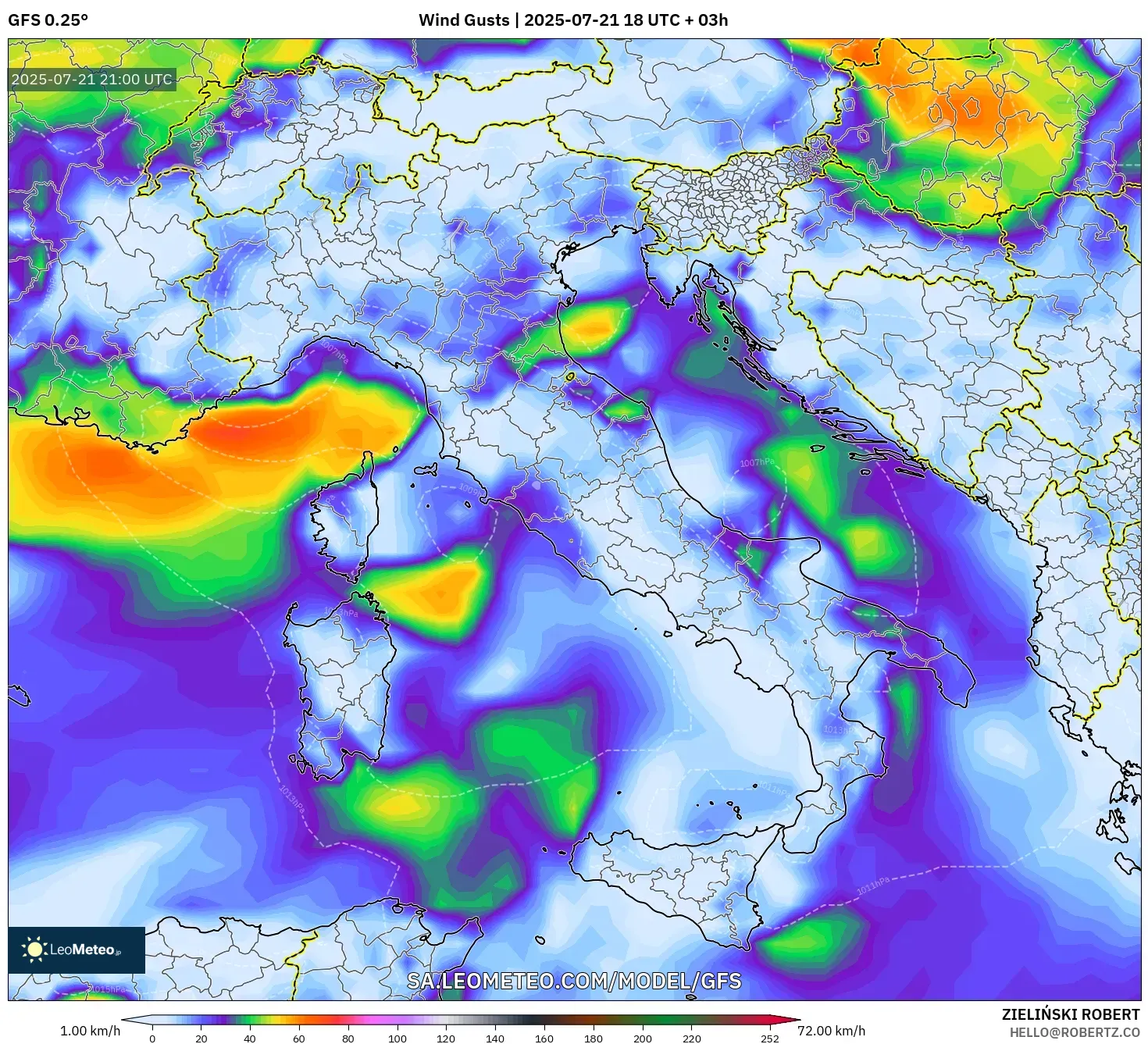 GFS model - Italy, Wind Gusts GFS model - Italy, Wind Gusts