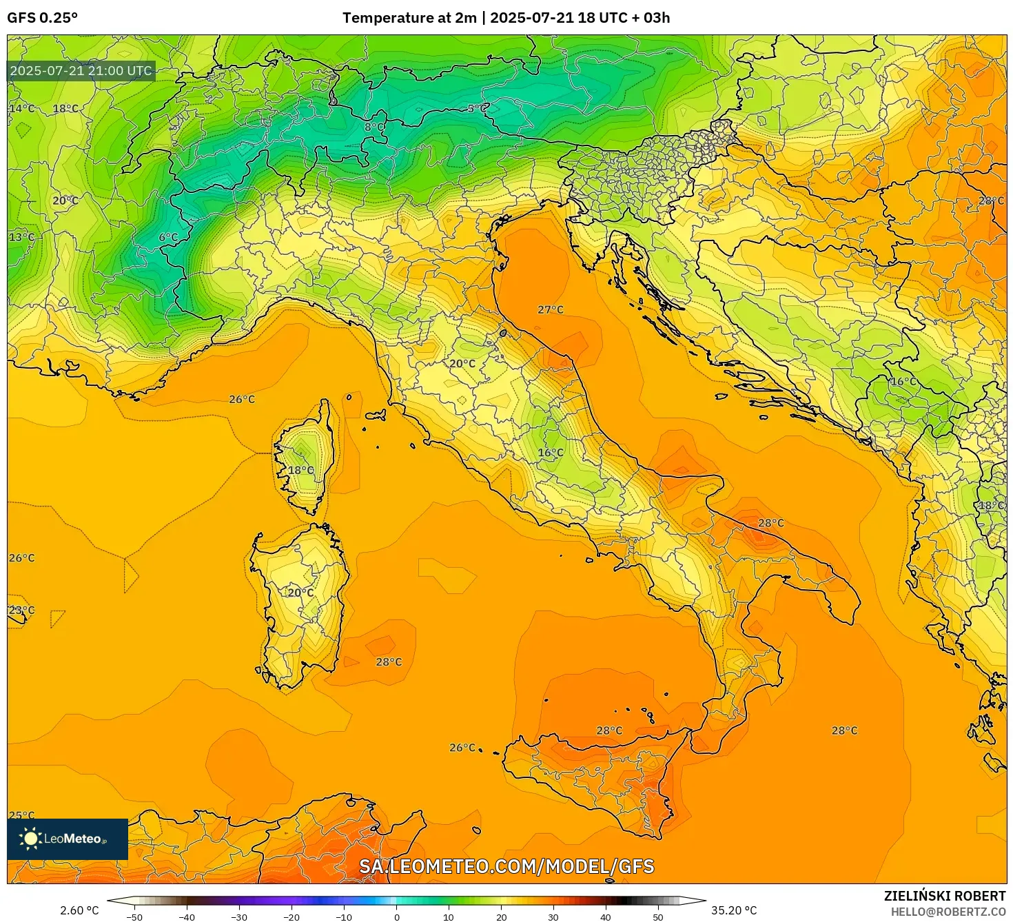 GFS model - Italy, Temperature at 2m GFS model - Italy, Temperature at 2m