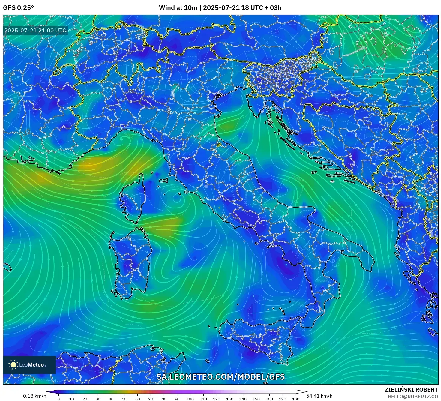 GFS model - Italy, Wind at 10m GFS model - Italy, Wind at 10m