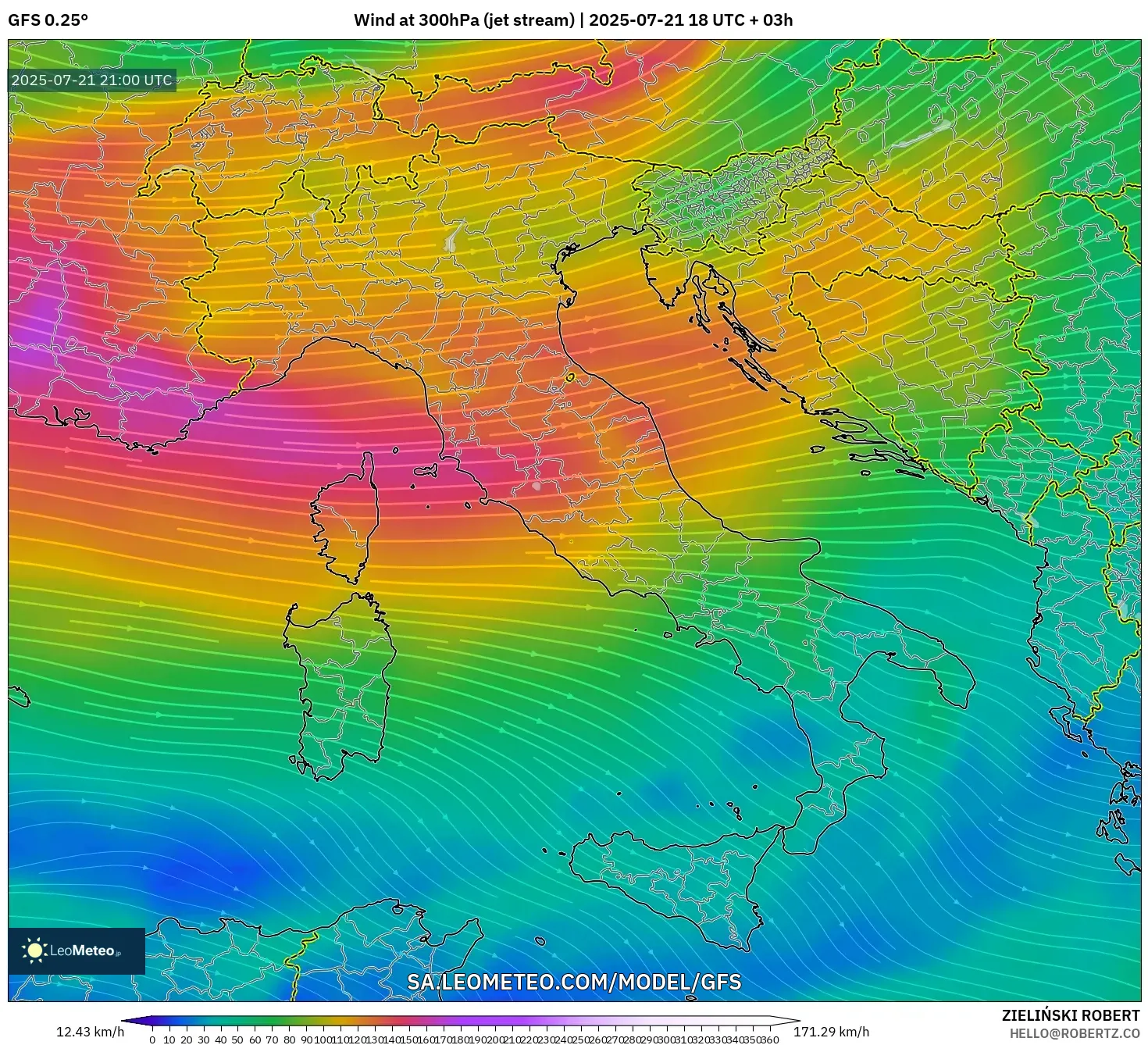 GFS model - Italy, Wind at 300hPa (jet stream) GFS model - Italy, Wind at 300hPa (jet stream)