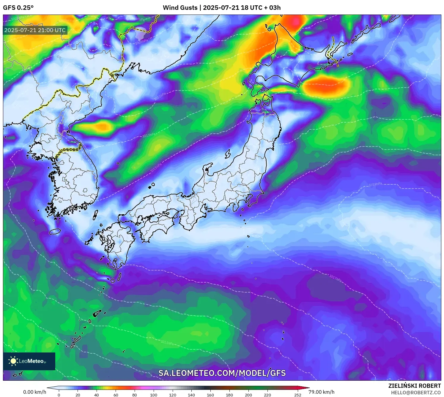 GFS model - Japan, Wind Gusts