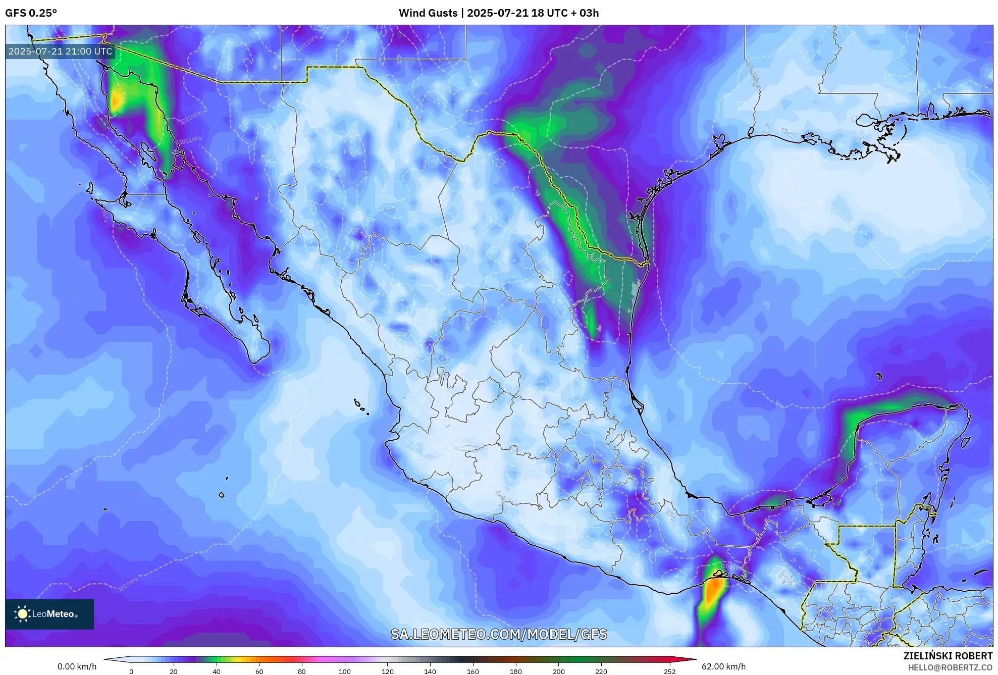 GFS model - Mexico, Wind Gusts GFS model - Mexico, Wind Gusts