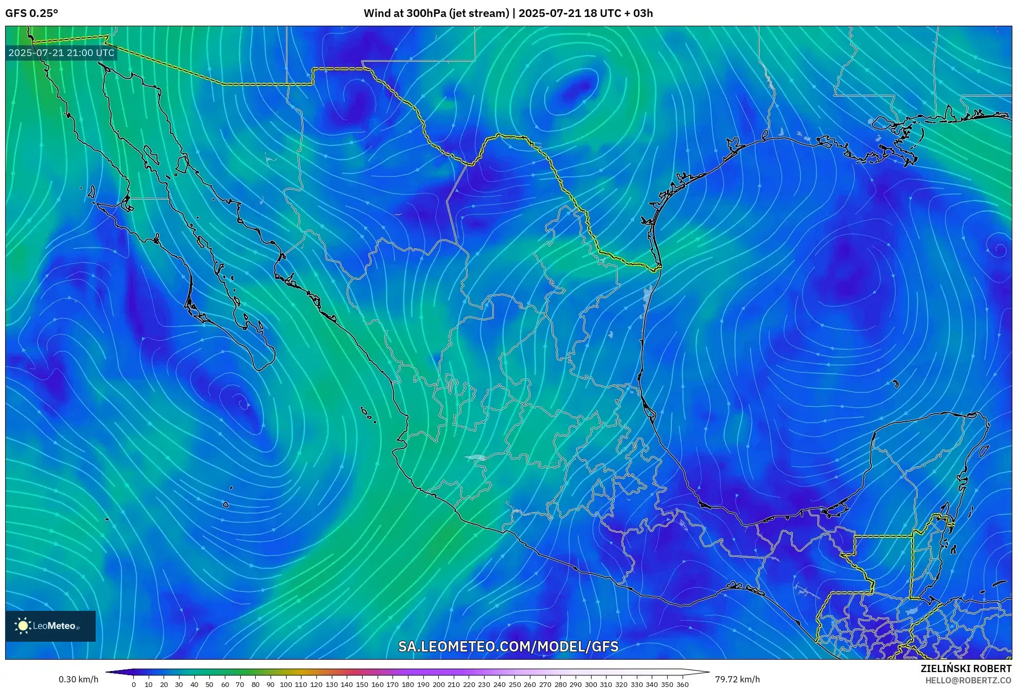 GFS model - Mexico, Wind at 300hPa (jet stream) GFS model - Mexico, Wind at 300hPa (jet stream)