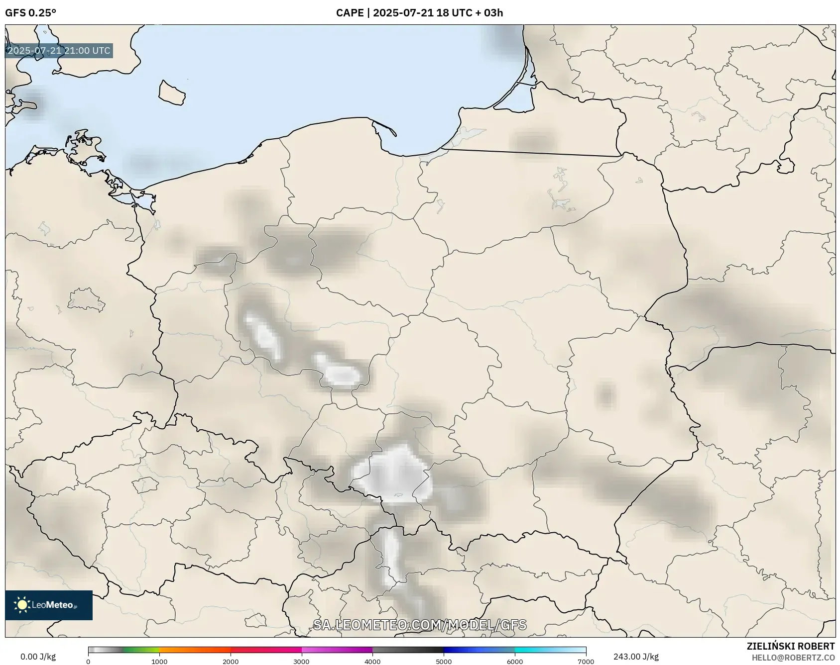GFS model - Poland, CAPE GFS model - Poland, CAPE