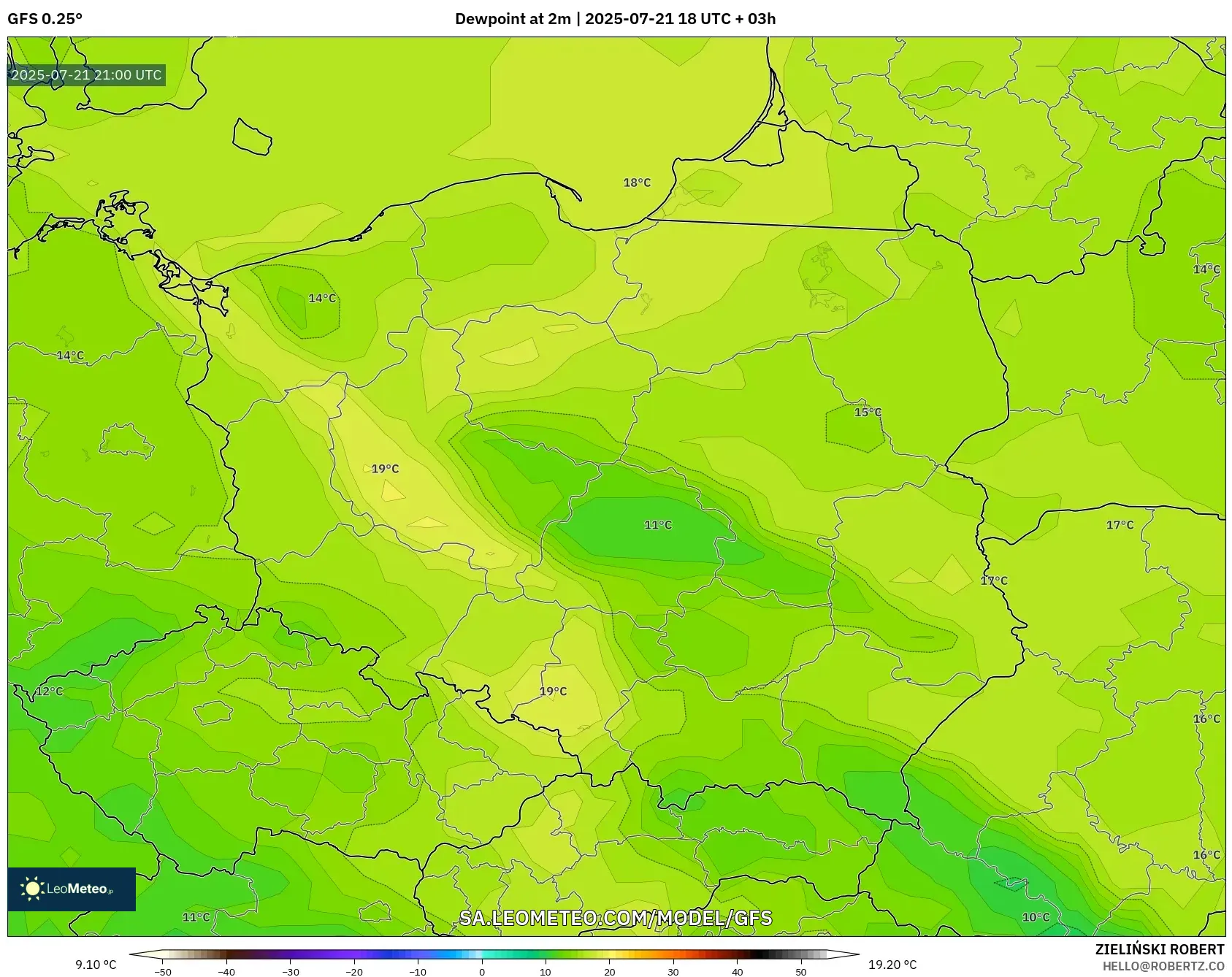 GFS model - Poland, Dewpoint at 2m GFS model - Poland, Dewpoint at 2m
