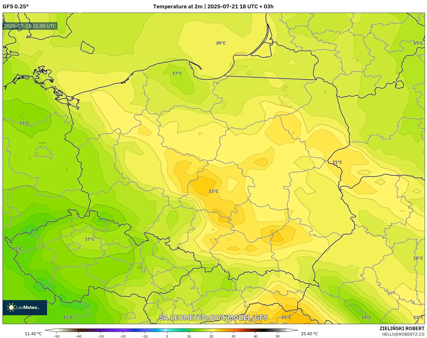 GFS model - Poland, Temperature at 2m GFS model - Poland, Temperature at 2m