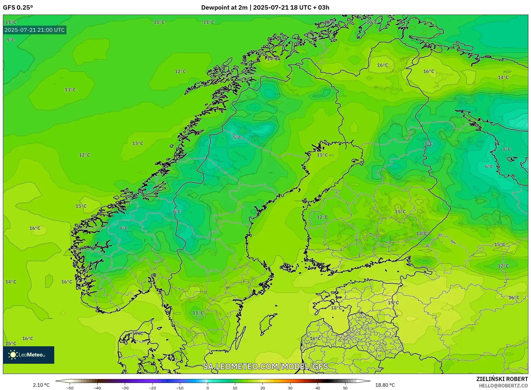 GFS model - Scandinavia, Dewpoint at 2m GFS model - Scandinavia, Dewpoint at 2m