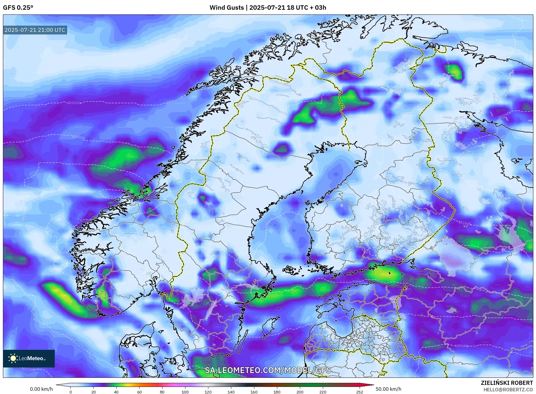 GFS model - Scandinavia, Wind Gusts GFS model - Scandinavia, Wind Gusts
