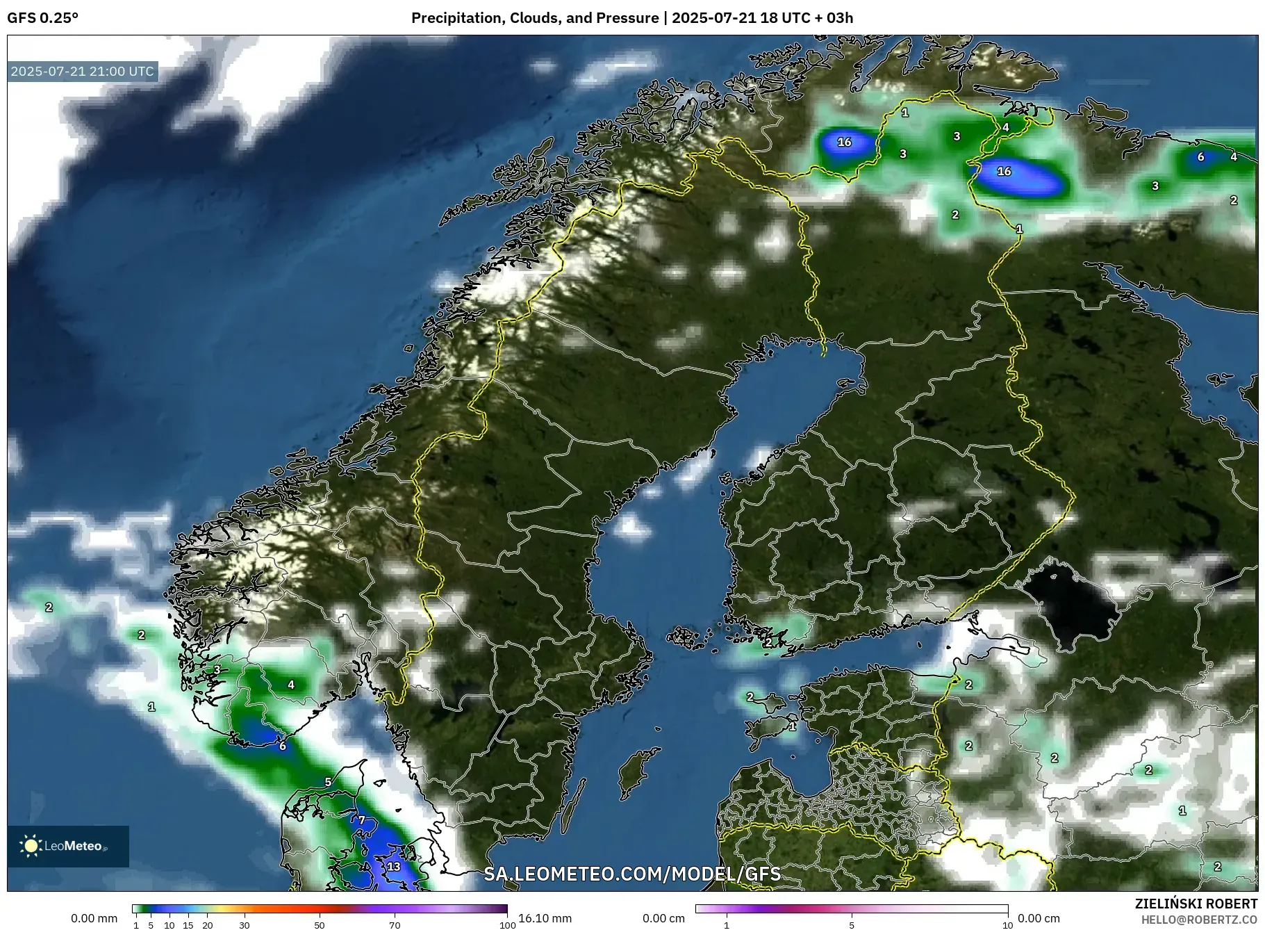 GFS model - Scandinavia, Precipitation, Clouds, and Pressure