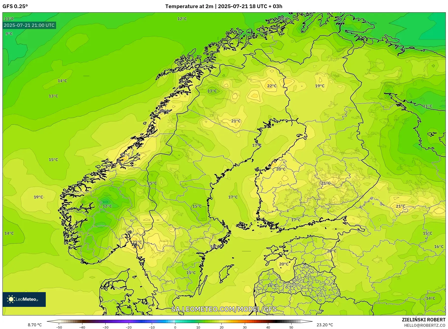 GFS model - Scandinavia, Temperature at 2m GFS model - Scandinavia, Temperature at 2m