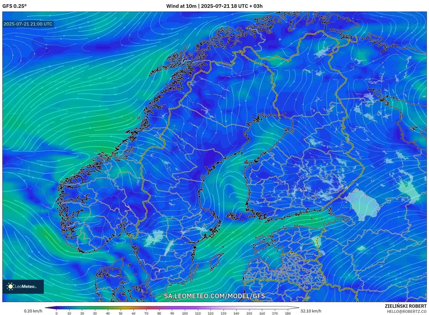 GFS model - Scandinavia, Wind at 10m GFS model - Scandinavia, Wind at 10m