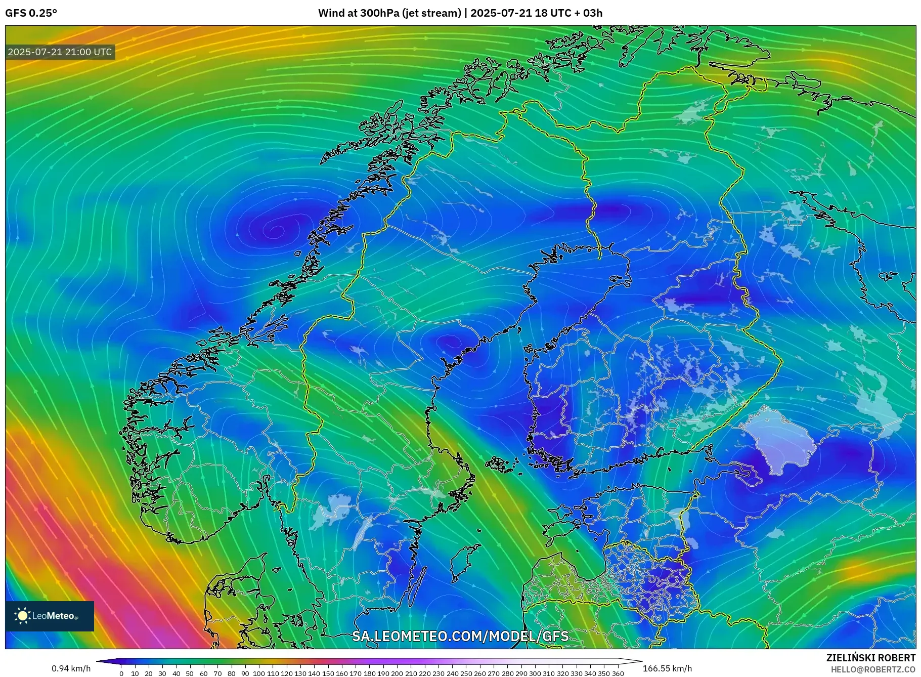 GFS model - Scandinavia, Wind at 300hPa (jet stream)
