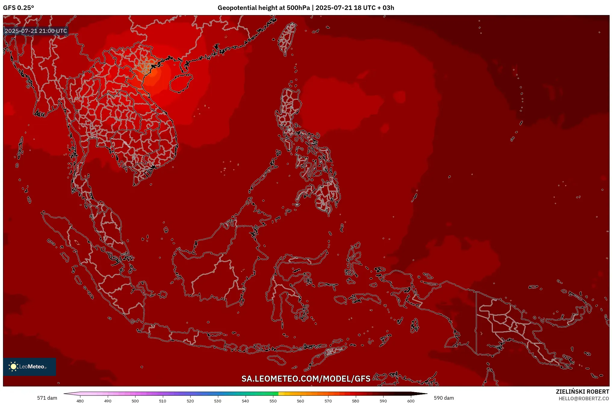 GFS model - South East Asia, Geopotential height at 500hPa GFS model - South East Asia, Geopotential height at 500hPa
