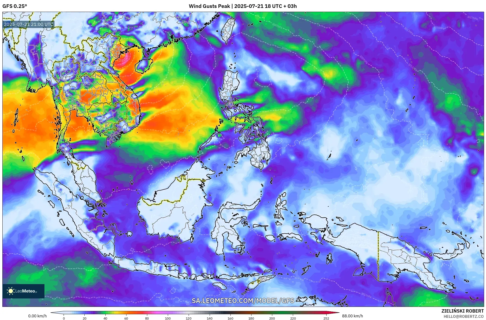GFS model - South East Asia, Wind Gusts Peak GFS model - South East Asia, Wind Gusts Peak