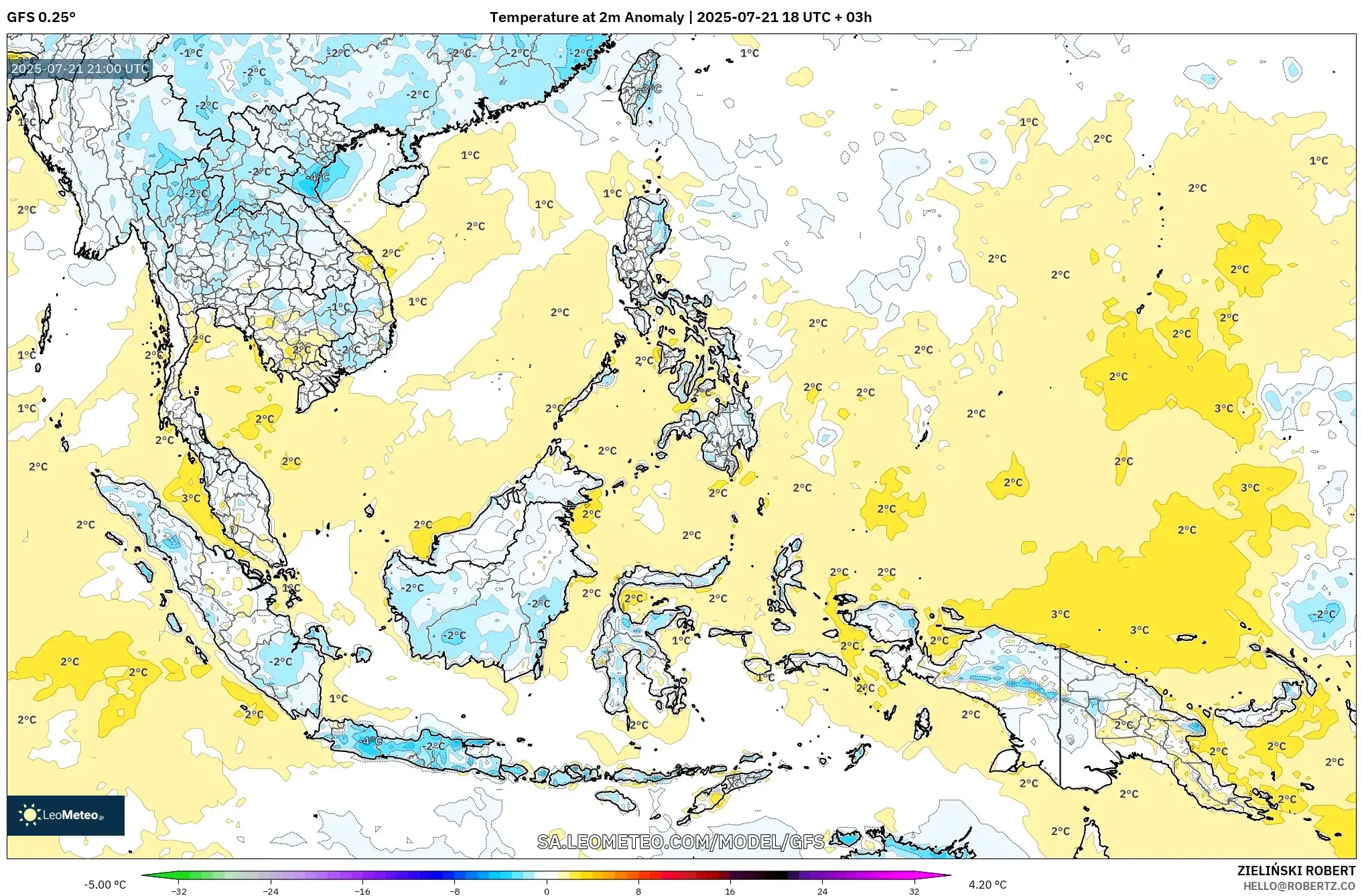 GFS model - South East Asia, Temperature at 2m Anomaly